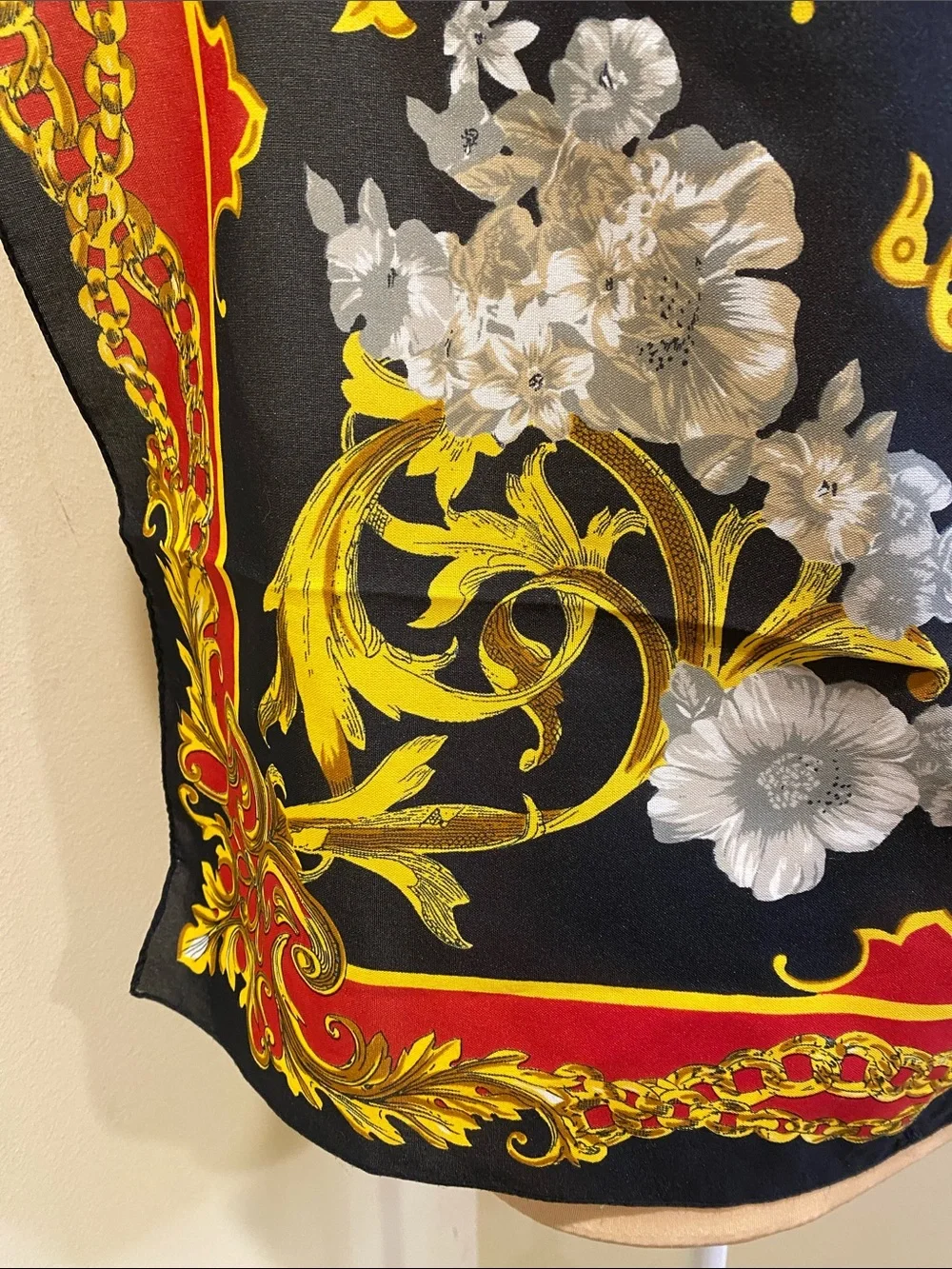 Baroque Print Satin Scarf in Black, Red & Gold